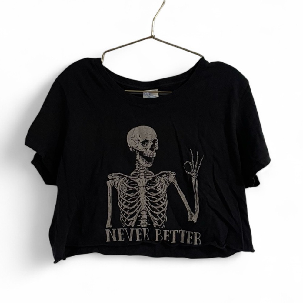 Black Crop Tee with Skeleton 'Never Better' Graphic